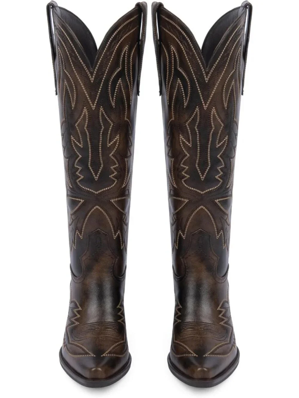 Women's Retro Brown Knee High Boots Embroidered Pull on Pointed Toe Chunky Heel